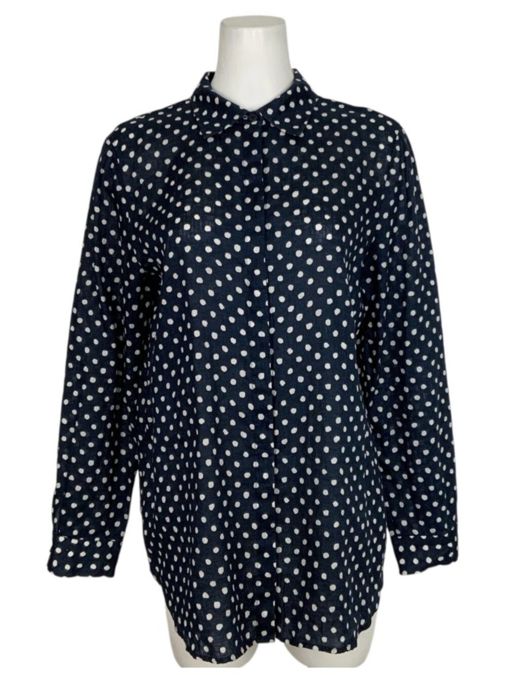 Lafayette 148 NY Linen Button Front Shirt L Blue Polka Dot Natural Fiber - Picture 1 of 15